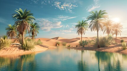 Fototapeta premium A desert oasis with palm trees