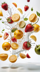 Close-up, fruits falling on a white background with splashes of water