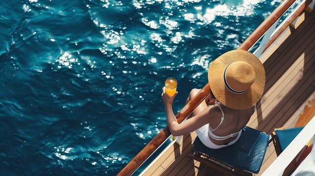 Cute woman with a glass of drink sits near the swimming pool of a cruise ship Sunny clear morning View from above Closeup outdoors Vacation and travel concept : Generative AI