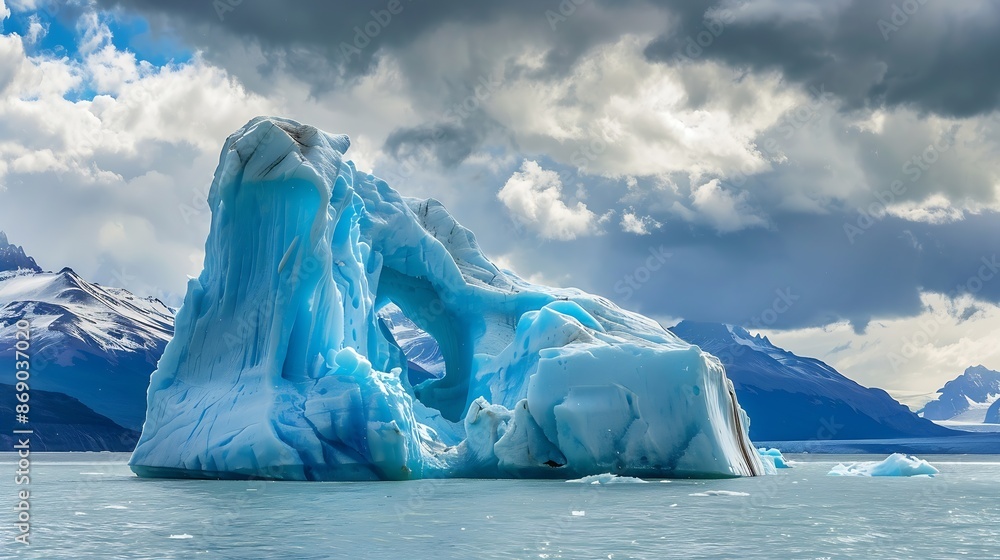 Poster a large blue iceberg block with a hole in it floating on argentino lake : generative ai