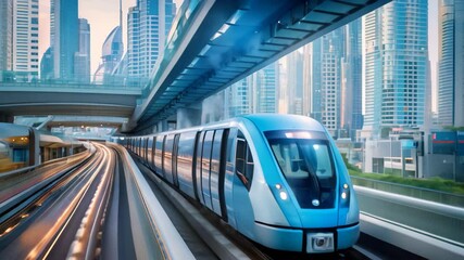 Modern high speed train with motion blur in Dubai, United Arab Emirates, Metro railway among glass skyscrapers in Dubai, Traffic on the street in Dubai