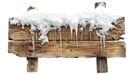 Wooden signpost covered in snow and icicles, cut out