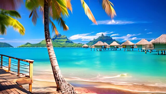 tropical beach at Maldives with few palm trees and blue lagoon, Luxury overwater villas with coconut palm trees, a blue lagoon, and a white sandy beach at Bora Bora island, Tahiti
