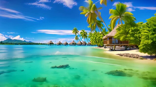 tropical beach in Maldives with few palm trees and blue lagoon, Luxury overwater villas with coconut palm trees, a blue lagoon, and a white sandy beach at Bora Bora island, Tahiti