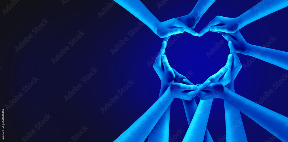 Poster Belonging and unity partnership as heart hands in a group of diverse people connected together shaped as a support symbol expressing teamwork and togetherness on a blue background.