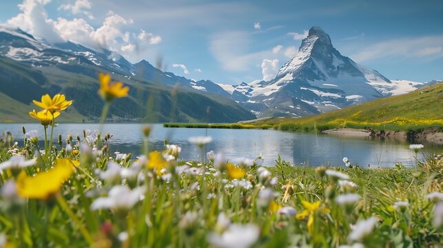 landscape with mountains mountain lake and meadows Swiss mountain landscape meadow flowers : Generative AI
