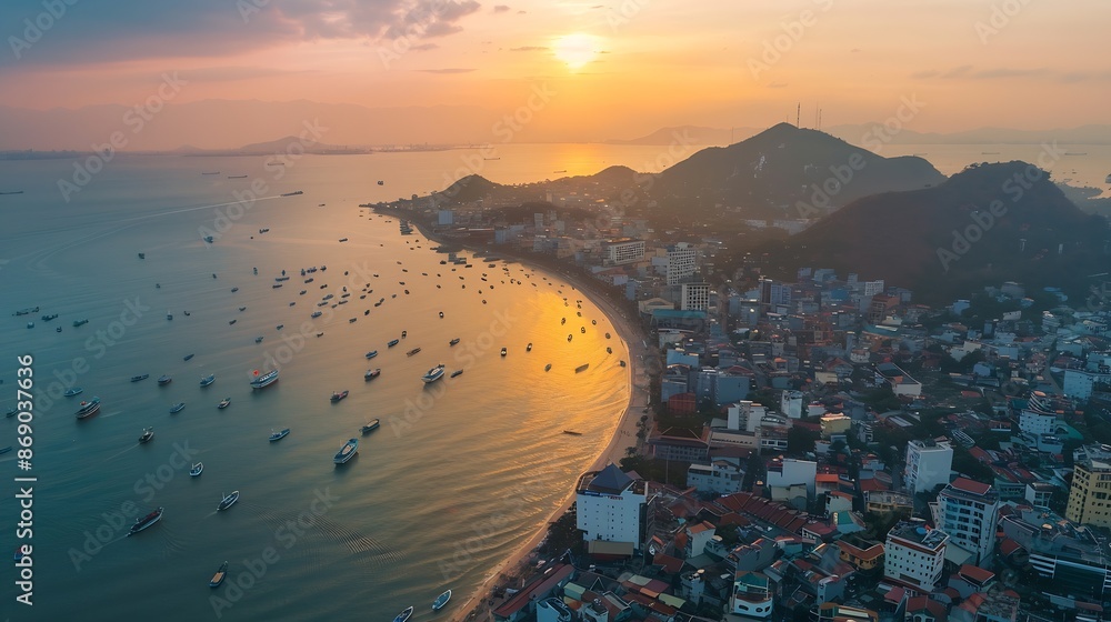 Poster vung tau city aerial view with beautiful sunset and so many boats panoramic coastal vung tau view fr