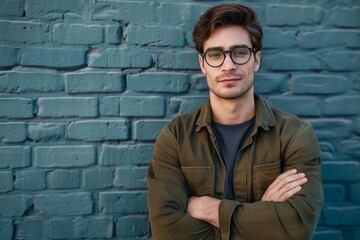 Obraz premium Portrait of a handsome young man in glasses with his arms crossed looking at the camera