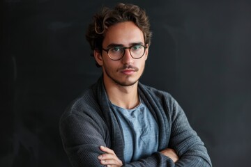Fototapeta premium Portrait of a handsome young man in glasses with his arms crossed looking at the camera