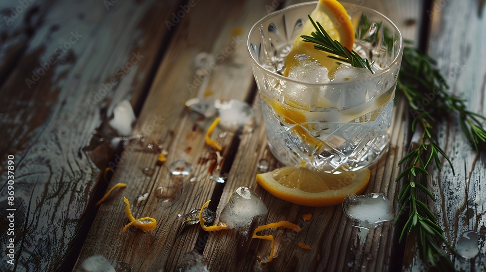 Poster Cocktail gin tonic with ice lemon and rosemary on a old wooden table Gin is poured from a bottle into a glass with ice and lemon slices Copy space : Generative AI