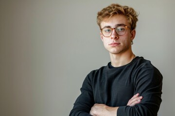 Obraz premium Portrait of a handsome young man in glasses with his arms crossed looking at the camera