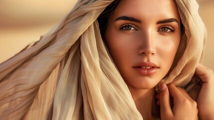 Beautiful Woman wrapped in Beige Silk Scarf Beauty Girl Face with Smooth Skin and Natural Makeup Women Hair Sun Care Headwear Scarves over Desert Sand background : Generative AI