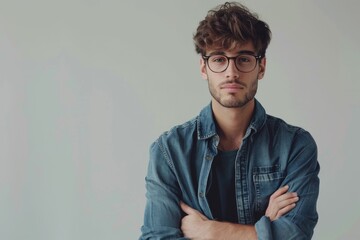 Fototapeta premium Portrait of a handsome young man in glasses with his arms crossed looking at the camera