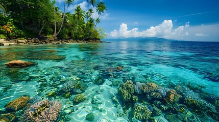 Tropical shore with coral reefs visible