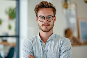 Portrait of a handsome young man in glasses with his arms crossed looking at the camera