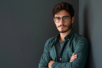 Obraz premium Portrait of a handsome young man in glasses with his arms crossed looking at the camera