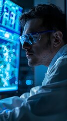 Macro shot of a scientist analyzing data on a computer screen in a modern laboratory setting