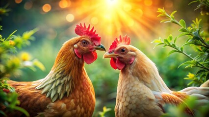 Fototapeta premium Adorable affectionate pair of chickens pecking beaks in tender kiss surrounded by lush greenery and soft warm lighting ambiance