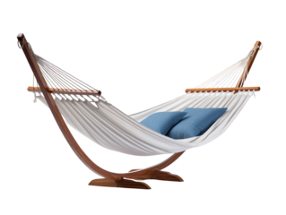 a white hammock with blue pillows