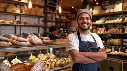 Bakery cafe and male owner for business portrait and smile for small scale restaurant and service Kitchen pastry and baker for entrepreneur in hospitality shop and man for food industr : Generative AI