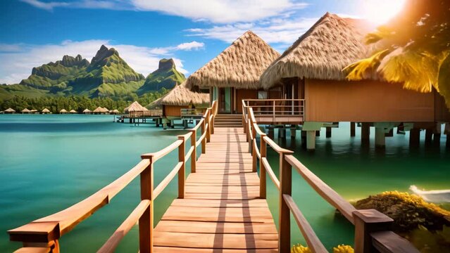tropical beach with water bungalows and coconut palm tree at summer, Overwater bungalows with steps into the green lagoon