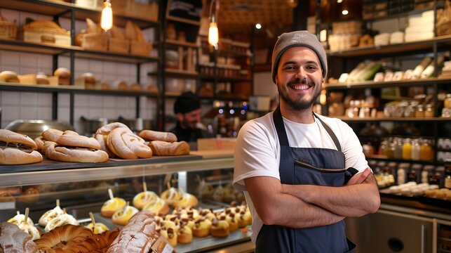 Bakery cafe and male owner for business portrait and smile for small scale restaurant and service Kitchen pastry and baker for entrepreneur in hospitality shop and man for food industr : Generative AI