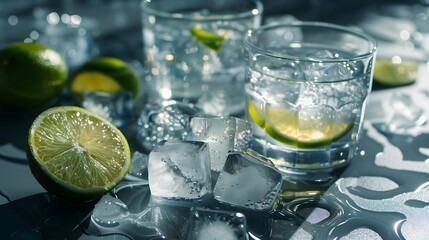 Delicious Margarita cocktail with ice cubes in glasses and lime on table closeup : Generative AI