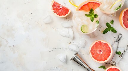 Grapefruit margarita or lemonade cocktail with cold champagne Refreshing summer cocktail with garnish of a piece of grapefruit and mint on a light background with bar tools and ingredi : Generative AI