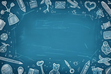 Blue background with white doodle school icons