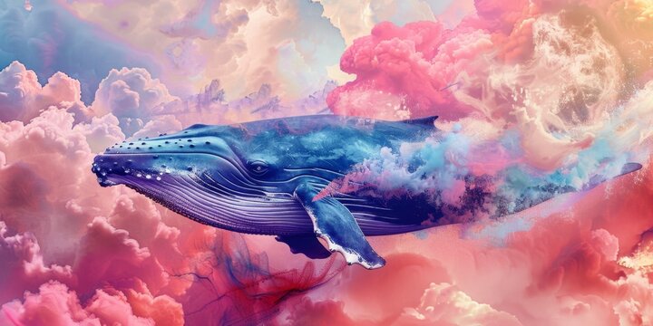 Surreal Fairytale Scene with Blue Whale Emitting Colorful Smoke from Mouth and Blowhole, Surrounded by Coral, Clouds, Sunset, and Moon, AI-Generated High-Resolution Wallpaper