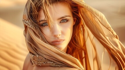 Beautiful Woman wrapped in Beige Silk Scarf Beauty Girl Face with Smooth Skin and Natural Makeup Women Hair Sun Care Headwear Scarves over Desert Sand background : Generative AI