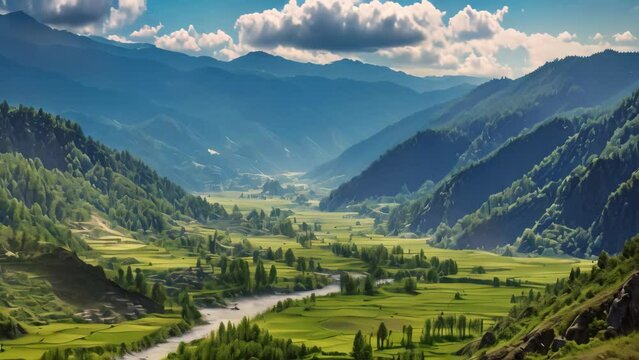 Mountain landscape with river and village in Himalayas, Nepal, Panorama view of Paro valley, Bhutan