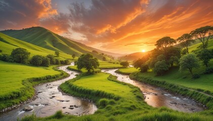 Fototapeta premium Serene river flowing through lush green valley at sunset. The vibrant colors of the sunset sky enhance the tranquil beauty of the landscape. 