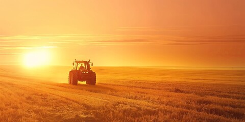 Fototapeta premium A tractor is seen working in an agricultural field at sunset, capturing the serene beauty of the countryside as the golden light illuminates the scene.