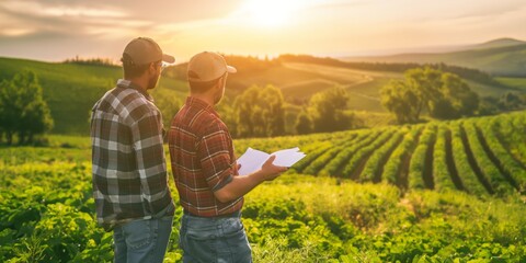 Two farmers stand in a thriving green field and discuss the day's work. Their attention to detail and dedication to agricultural success is reflected in the picturesque landscape.