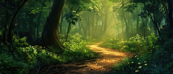 A dense forest envelops a meandering path, its towering trees and underbrush creating a sense of mystery and enchantment