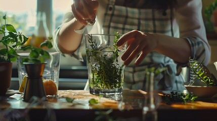 drinks and people concept  close up of woman with thyme and glasses making cocktails at home kitchen : Generative AI
