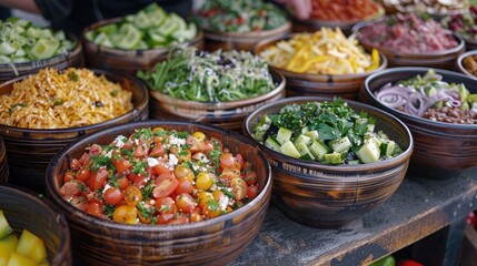 Colorful assortment of fresh salads displayed in wooden bowls, featuring tomatoes, cucumbers, and leafy greens at a buffet.