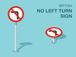 Traffic regulation rules. Isolated British "no left turn" road sign. Front and top view. Flat vector illustration template.