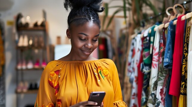 Black woman phone and logistics of fashion designer for communication sale or order at boutique store Happy African female person or small business owner on smartphone for clothing pay : Generative AI - Powered by Adobe