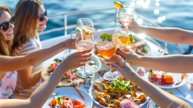 Festive banquet on board the ship Close up of table with delicious food Young smiling women raise toast with glasses of wine or cocktails Fun bachelorette party on boat Lunch during se : Generative AI - Powered by Adobe