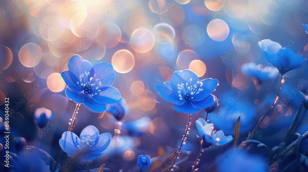 Poster blue flowers in soft focus with a dreamy bokeh background, creating a serene and enchanting atmosphe