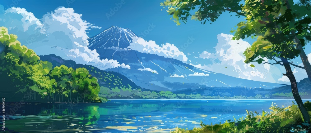 Wall mural anime background scene combines the peacefulness of a vast lake with the awe-inspiring power of a vo