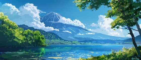 anime background scene combines the peacefulness of a vast lake with the awe-inspiring power of a volcano, creating a sense of wonder and adventure