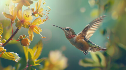 Naklejka premium Hummingbird in Flight with Yellow Flowers