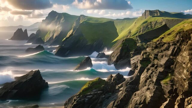 Majestic Cliffs of the Coast Overlooking the Vast Ocean, Ring of Dingle Peninsula Kerry Ireland Dunquin Pier Harbor Rock Stone Cliff Landscape Seascape