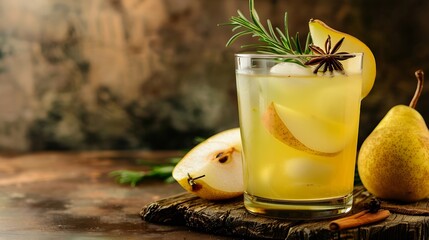 Alcohol fruity drink Sweet cold pear cocktail with rum liquor anise and rosemary sprig garnished with pear sliced : Generative AI