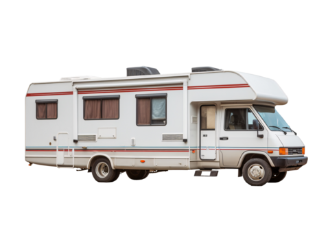 a white rv with red stripes