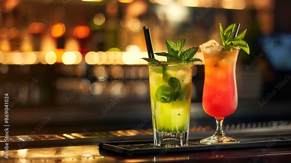 Poster Two vibrant cocktails adorned with mint leaves rest on a tray in an elegant softly lit bar setting One is a green mojito the other a reddishorange concoction both served in longstemmed : Generative AI
