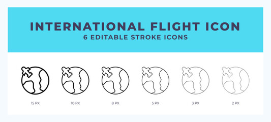 International flight icon with different stroke. Editable stroke. Vector illustration.